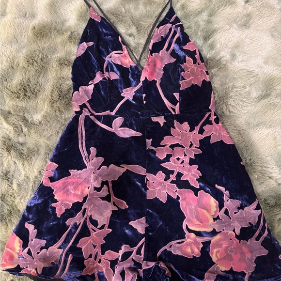 Lush Pants - Lush Velvet Floral Romper - Navy and Reddish Pink
